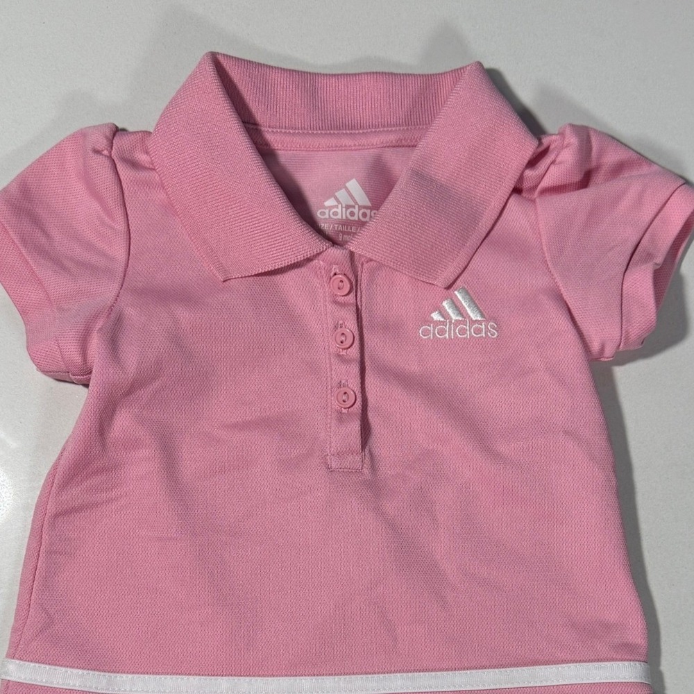 Adidas Polo Dress Baby Girls 9M Pink Excellent Ruffle Tiered 3-Stripe Logo - Picture 3 of 8
